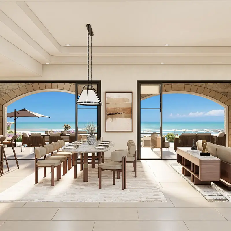 Living and dining room of a Montage villa with sea views