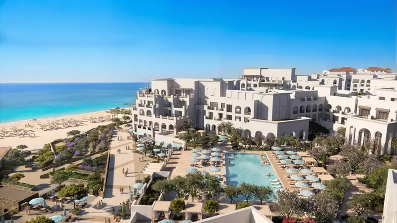 Aerial rendering of Nammos Resort on the Ras El Hekma beachfront