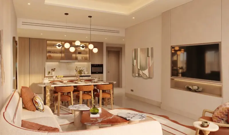 Two-bedroom apartment dining and kitchen at Waterfront Residences